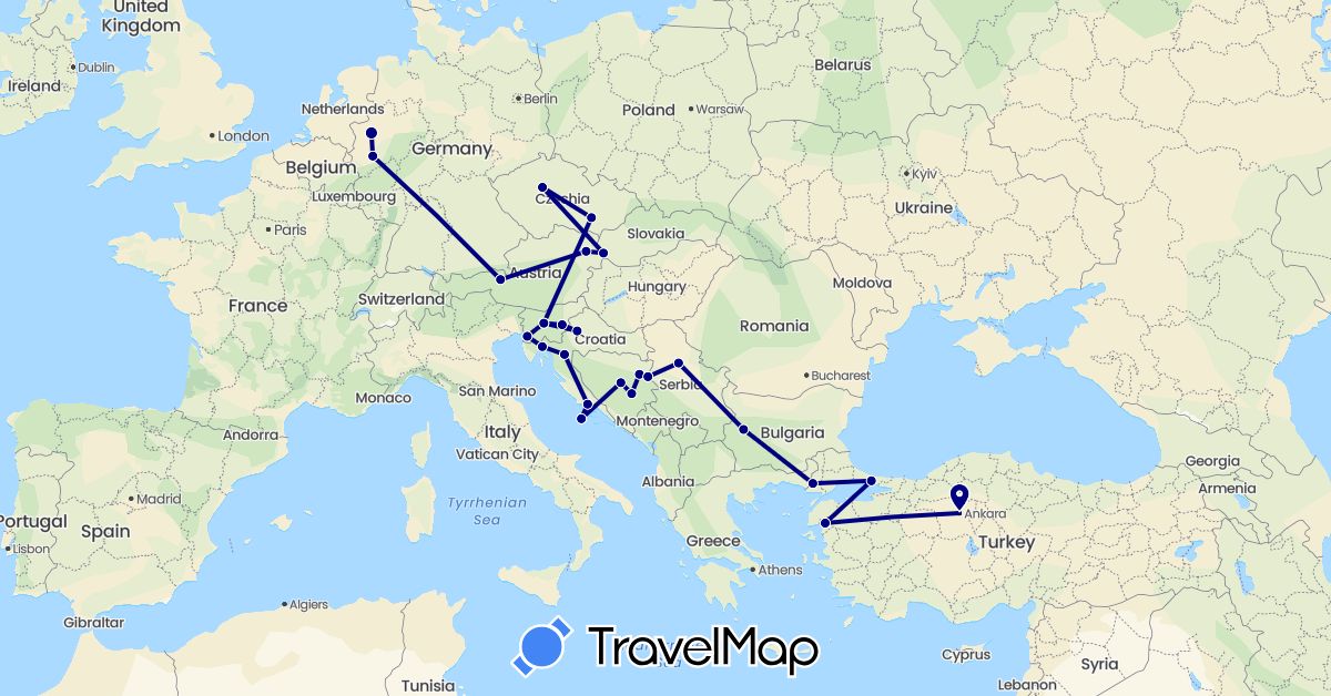 TravelMap itinerary: driving in Austria, Bosnia and Herzegovina, Bulgaria, Czech Republic, Germany, Croatia, Italy, Serbia, Slovenia, Slovakia, Turkey (Asia, Europe)